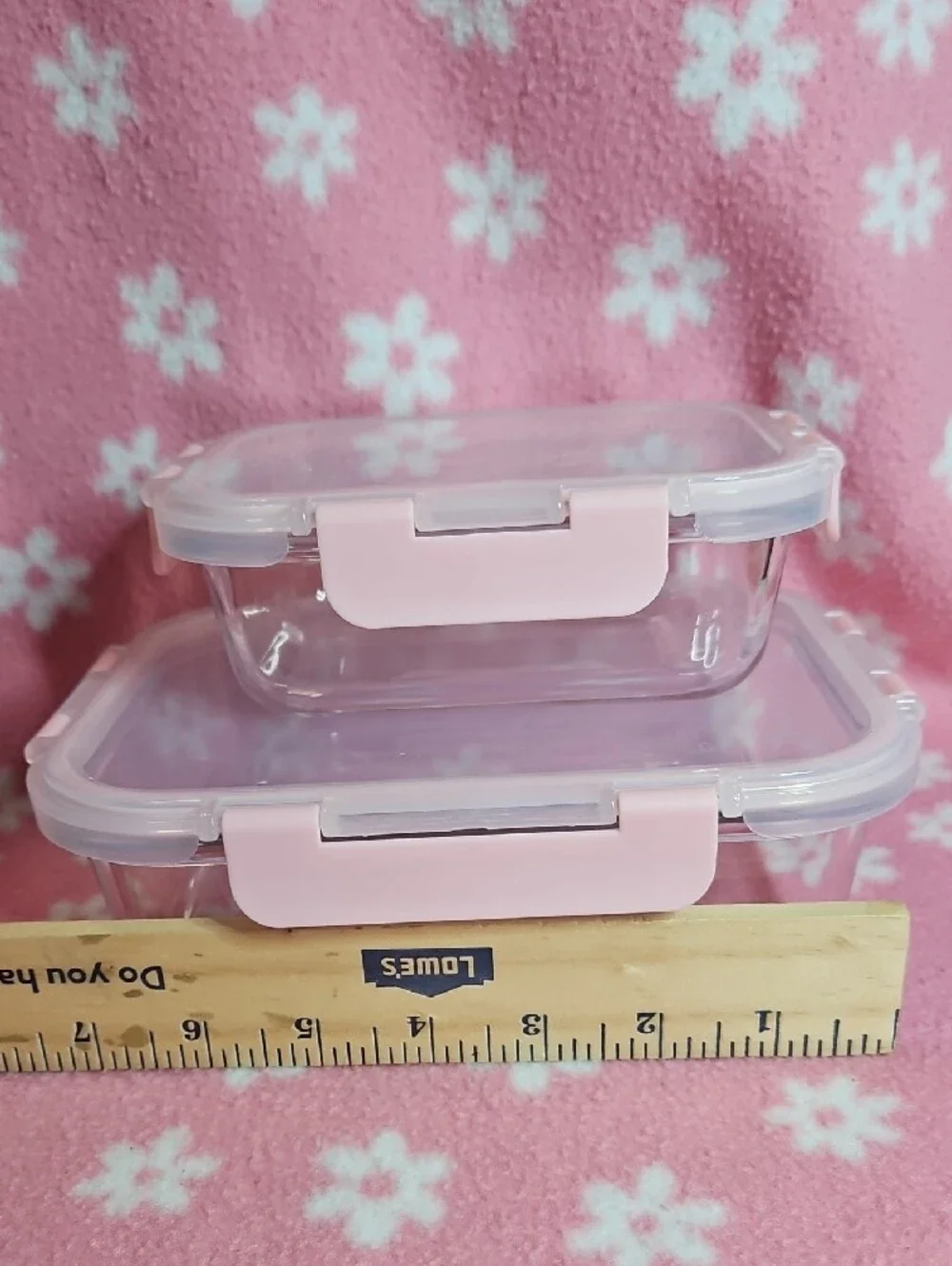 2 Large & 3 Small Clear Glass Food Storage Containers with Pink Lids - Set of 5